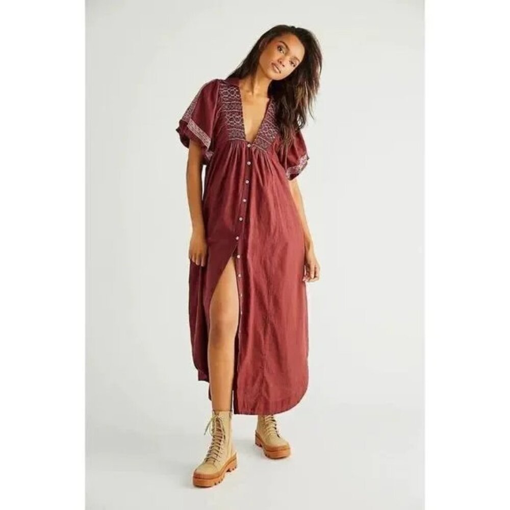 Free  People Samantha Shirt Dress Embroidered Double Dare (Burgundy) Size XS